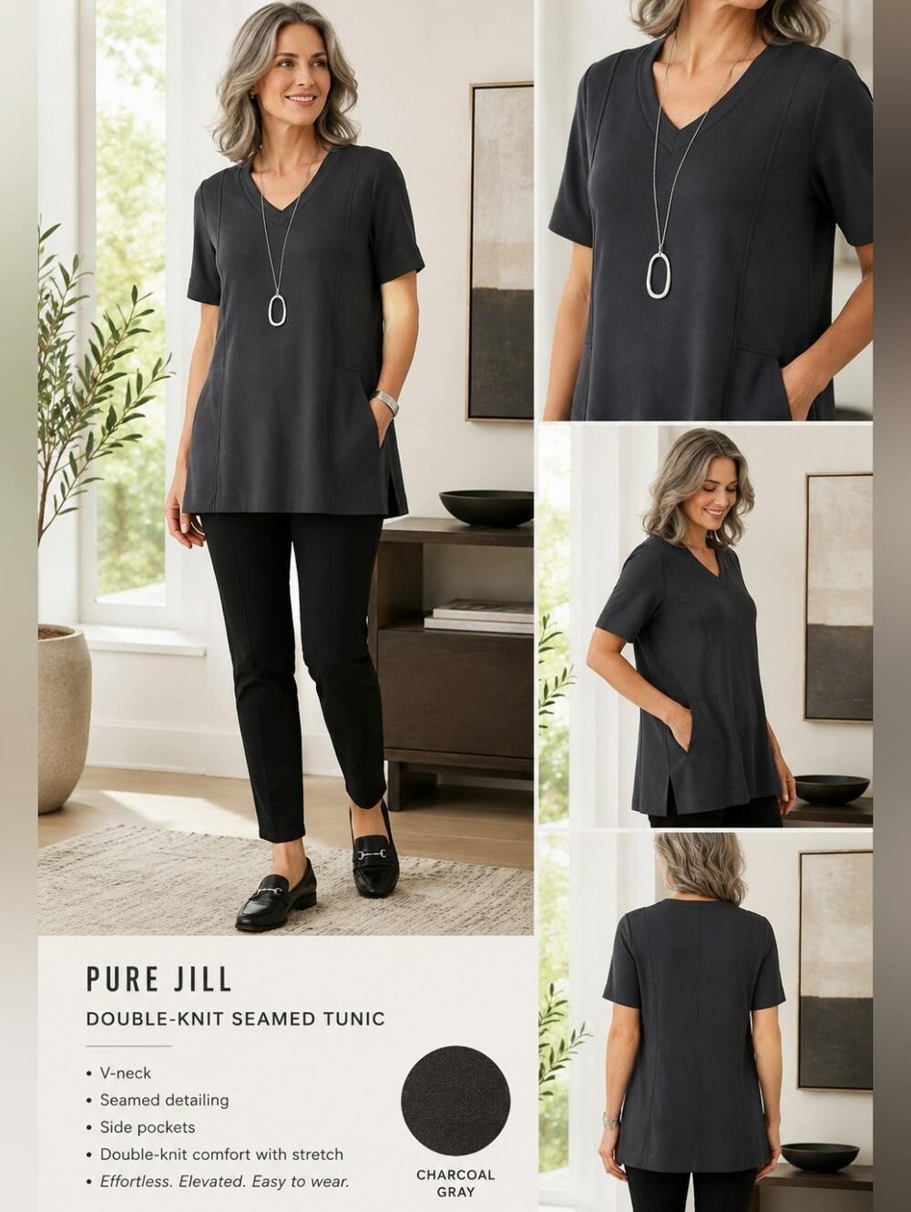 Pure Jill J.Jill Petite L Double Knit Seamed Tunic Charcoal Gray V Neck NWT